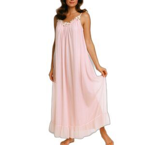 Vintage 60-70s Tosca Pink Chiffon Lace Ruffled Sleeveless Long Nightgown Size S